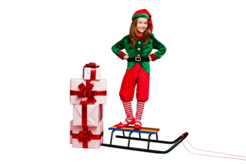 Full length body size view of nice attractive cheerful cheery glad funny pre-teen elf standing on sled fairy miracle winter tradition isolated over bright vivid shine red background