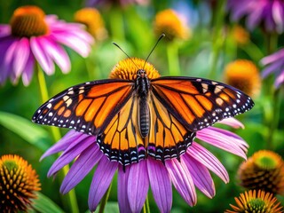 A delicate monarch butterfly perches on a vibrant purple coneflower, its intricately patterned orange and black wings spread wide, surrounded by lush green foliage.