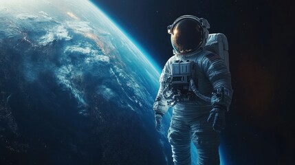 Fototapeta premium Astronaut in space with Earth in the background, showcasing exploration and adventure.