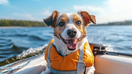 Happy Dog in Life Jacket on a Boat
