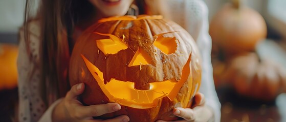 Naklejka premium Detailed closeup of woman crafting a Halloween pumpkin lantern crafting Halloween pumpkin lantern, woman closeup, carving pumpkin