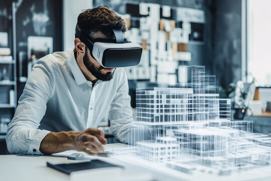 Architect Using VR Headset to Design a Modern Building