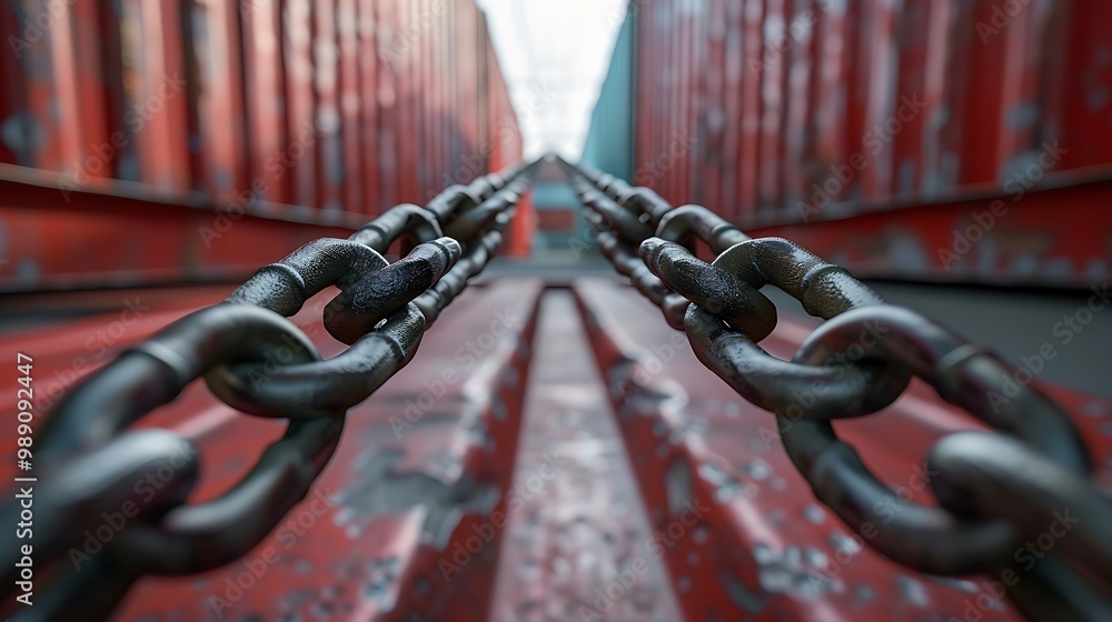 Poster a close-up view of interlinked chains, leading towards red shipping containers in the background, il