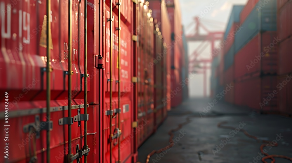 Poster a narrow pathway flanked by red shipping containers, creating a visually striking scene in a cargo y