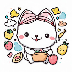 Fototapeta premium A cute cartoon cat with a pink bow, holding a basket of fruits, surrounded by playful fruit and cloud doodles. Bright, fun, and perfect for conveying a cheerful and whimsical mood.