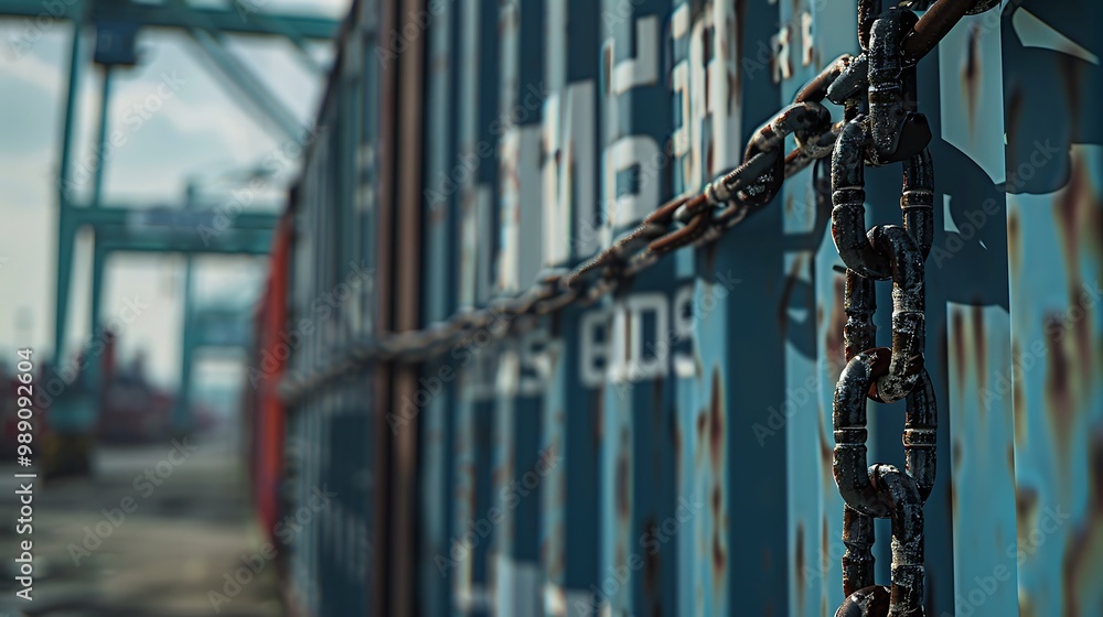 Poster the image features a close-up of rusty shipping containers, chained together at a port, highlighting