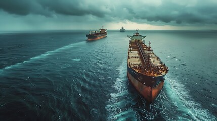 Aerial view of large cargo ships navigating through a turbulent sea under dramatic, cloudy skies.