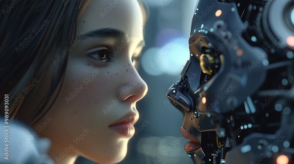 Poster the image features a close-up of a human girl and a robotic face, exploring the connection between h