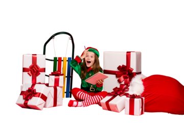 Nice attractive crazy cheerful cheery excited glad funny pre-teen elf writing winter holly jolly incredible miracle tradition idea wish list isolated over bright vivid shine red background