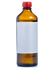 Brown glass bottle chemical agent with label on white background isolation