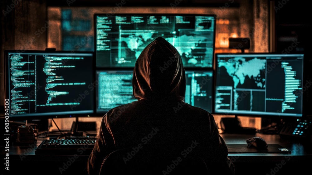 Poster a hooded figure sits in front of multiple screens displaying data and maps, suggesting cyber activit