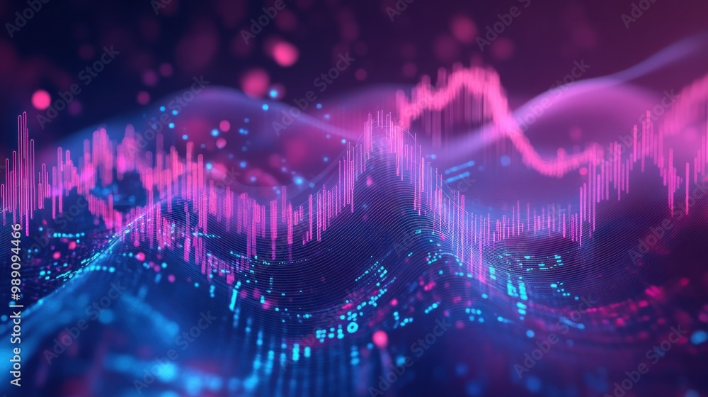 Poster abstract visualization of data waves and graphs in vibrant colors.