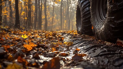 Obraz premium A close-up of muddy tire tracks in a forest during autumn, surrounded by fallen leaves.
