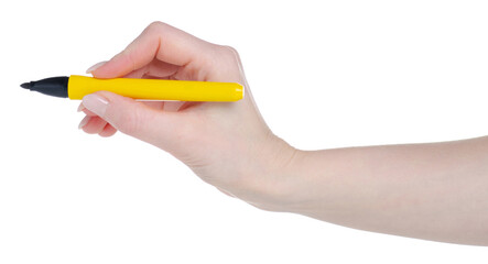 Construction yellow marker in hand isolation