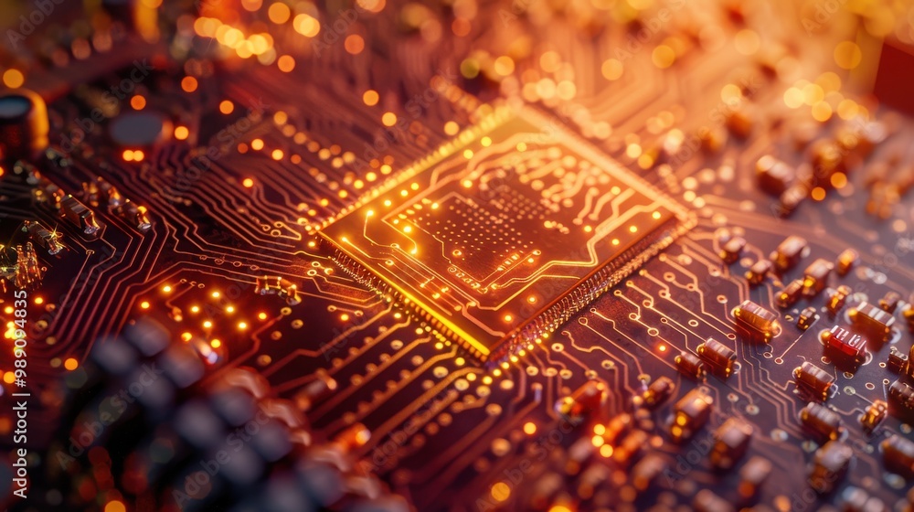 Poster close-up of glowing microchip on circuit board