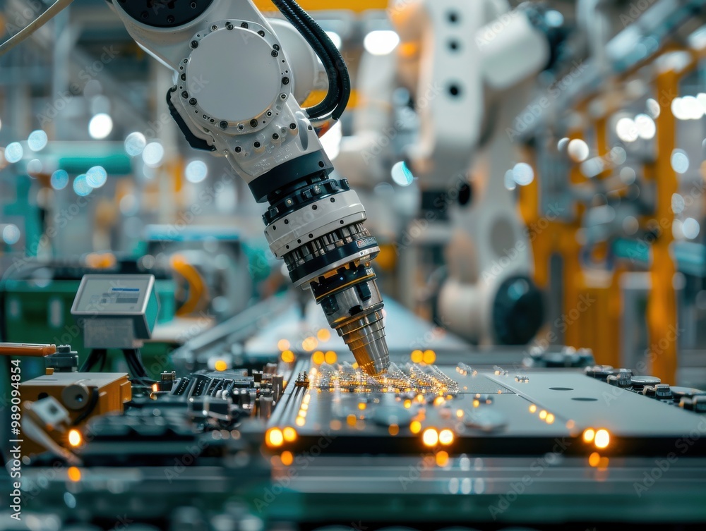 Poster robotic arm assembling circuit board in factory