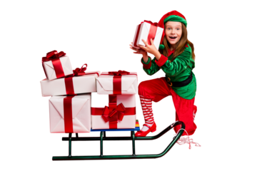 Full length body size view of nice attractive cheerful cheery funny pre-teen elf carrying guessing what's inside miracle fairy tradition isolated over bright vivid shine red background