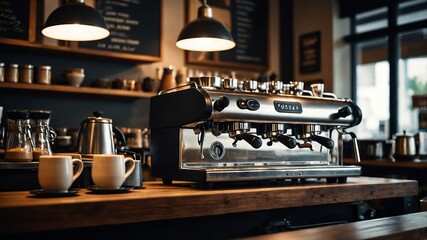 Obraz premium Coffee shop counter with espresso machine background