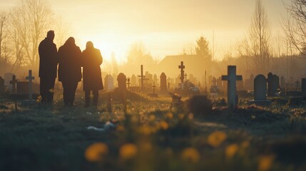Fototapeta premium Sad group people grieving in cemetery. People standing at gravestone of her family member. Death ceremony and memorial service in cemetery. Funeral, loss, and sorrow concept