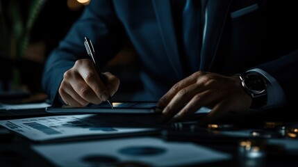 A professionally dressed businessman is seen writing notes on a notepad, surrounded by various financial reports and documents, indicative of a serious and focused work environment.