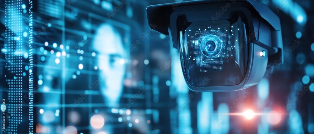 Aufkleber surveillance camera with digital data overlay, emphasizing security technology.