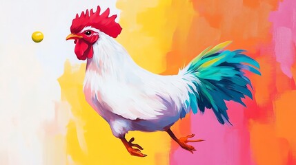Fototapeta premium A vibrant and colorful illustration of a rooster with a majestic plumage against a bright background, showcasing its lively character and dynamic movement.