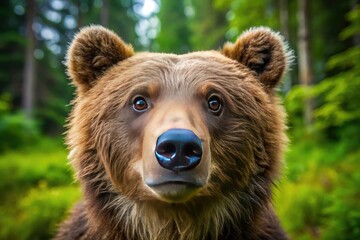 Fototapeta premium Adorable close-up of a curious brown bear's face, featuring a fluffy snout, bright eyes, and a gentle expression amidst a lush forest background.