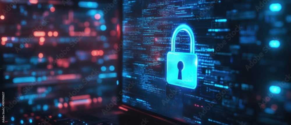 Poster a digital padlock symbolizing cybersecurity on a computer screen with a tech background.