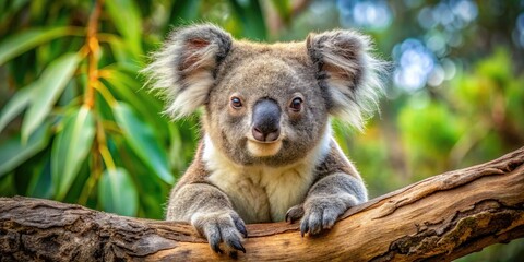 Obraz premium Adorable eucalyptus-munching koala sits comfortably on a tree branch, showcasing its fluffy fur, round ears, and endearing facial expression in a tranquil Australian forest setting.