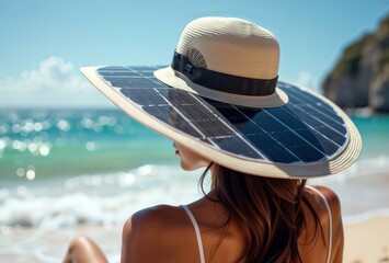Fototapeta premium Solar Hat Bliss. A woman enjoys the beach under a solar panel hat, blending technology with leisure.