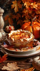 Naklejka premium Thanksgiving Dessert Pie with Autumn Decorations - Perfect for Seasonal Celebrations and Holiday Feasts