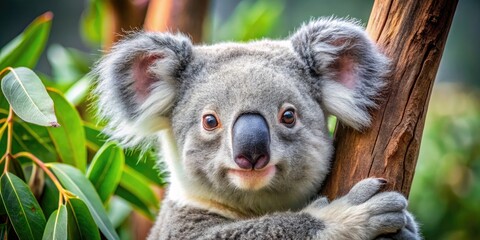 Naklejka premium Adorable grey and white koala clings to a eucalyptus branch, its big round eyes and soft fur making it an irresistible symbol of Australian charm.
