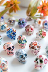 Intricate Sugar Skulls with Floral and Geometric Designs for Dia de Los Muertos or Halloween Decor