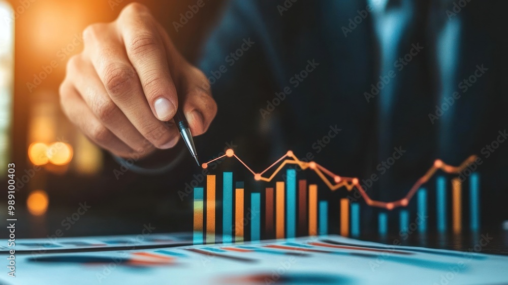 Poster a hand analyzing financial graphs with colorful data visualizations.