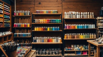Craft shop with painting materials on shelves background