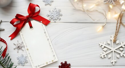 Blank Christmas Gift Tag with Red Ribbon and Decorations