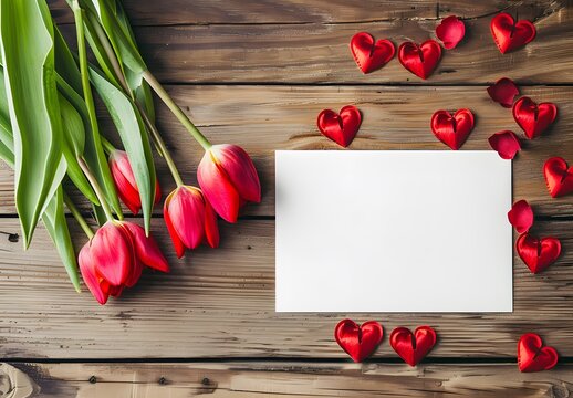 Red Tulips and Hearts on Wooden Background with Blank Letterhead