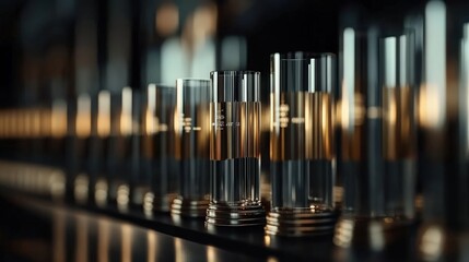 This image showcases several empty, transparent glass containers displayed in a tidy row, evoking themes of clarity, precision, and organized arrangement.