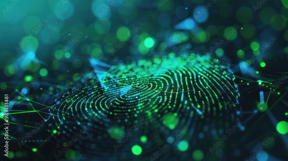 Poster abstract representation of a fingerprint with digital elements and green bokeh lights.