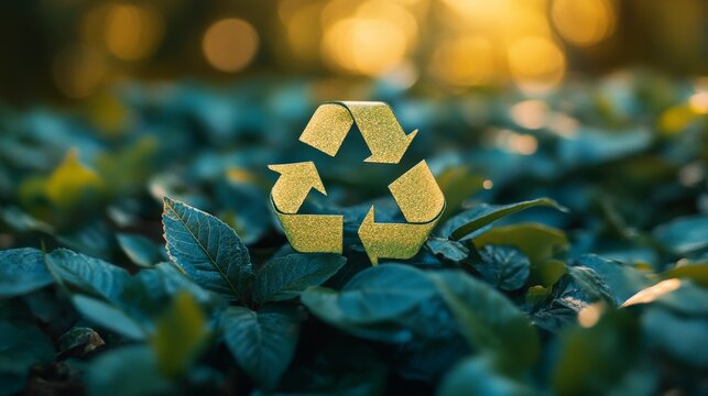 Yellow recycling symbol placed between the green leaves to emphasize sustainability and environmental friendliness