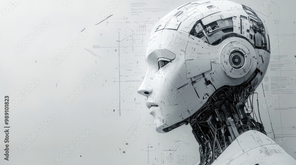 Poster creative humanoid ai robot drawing on paper, surrounded by minimalistic design elements, reflecting 