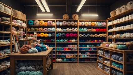Naklejka premium Craft store shelves with knitting supplies background