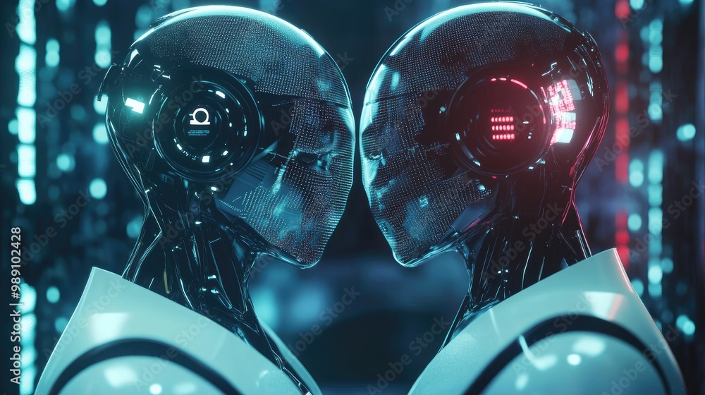 Poster futuristic ai robots connecting human interaction and big data systems, powered by intelligent brain
