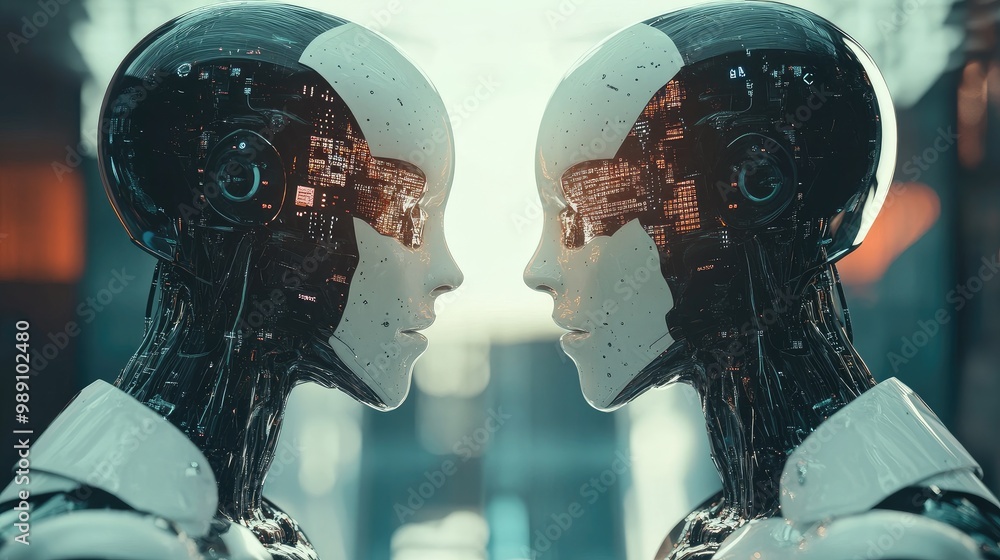 Poster futuristic ai robots linking human interaction and digital data networks, supported by intelligent b