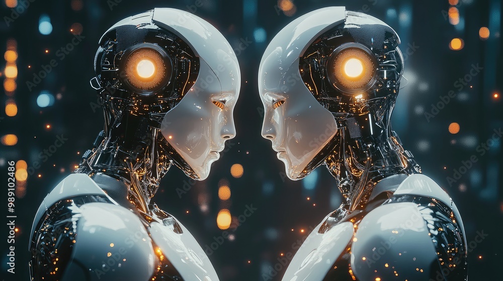Poster futuristic ai robots linking human interaction and digital data networks, supported by intelligent b