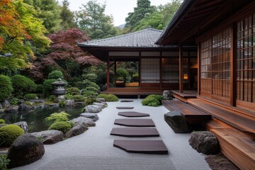 Fototapeta premium A traditional Japanese pathway leading through a garden, complete with wooden step stones, meticulously arranged trees, a tranquil koi pond, and a traditional wooden house.