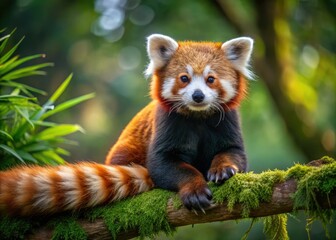 Naklejka premium Adorable red panda sits comfortably on a tree branch, showcasing its distinctive rusty-red fur, white face, and gentle gaze in a serene forest setting.