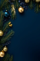 Navy Blue Christmas Background with Pine Branches and Ornaments