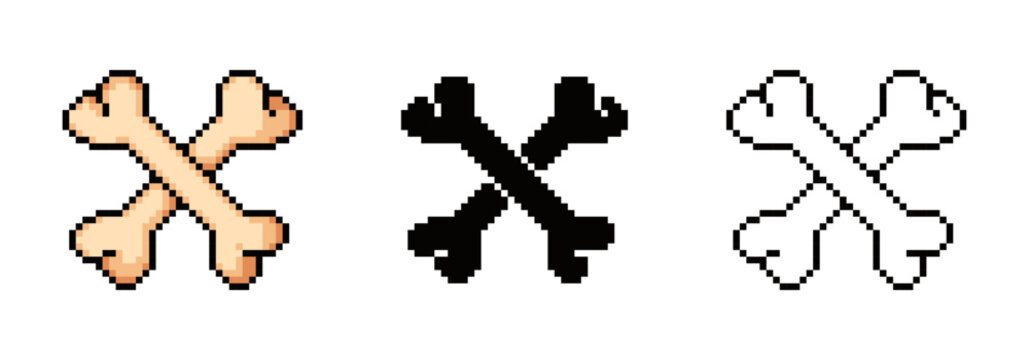 Crossed bones pixel icons. Retro skull and danger symbol