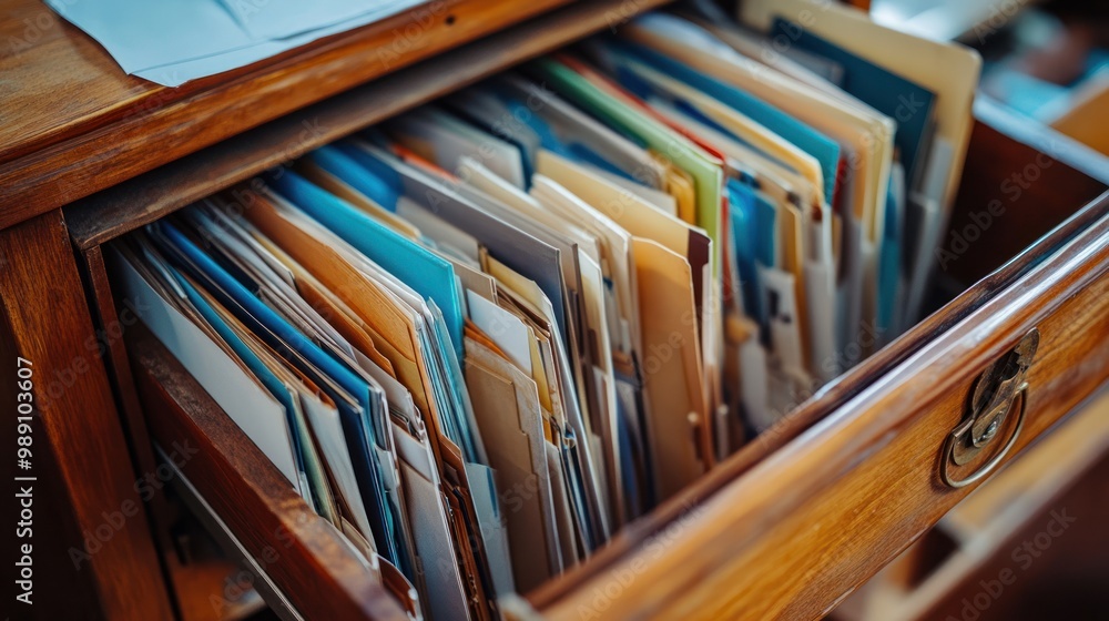 Poster a wooden drawer filled with organized files and folders for documentation.